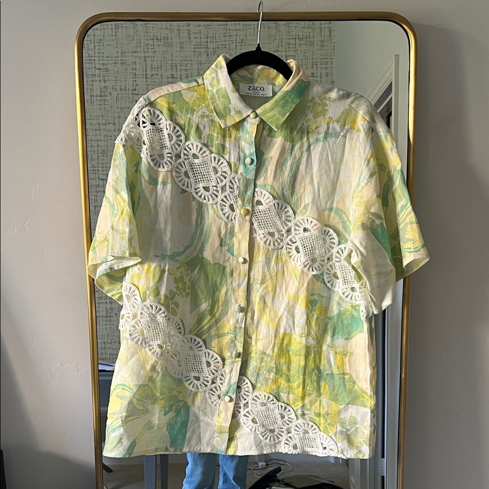 Linen Short-Sleeve Pastel Green & Yellow Button-Up Shirt